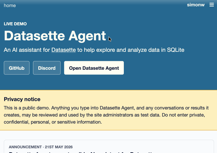 Animated demo - this time the demo starts on agent.datasette.io and when the menu opens it has a new Start chat box below the search box - entering 'count entries' and hitting the button causes it to start an agent conversation that counts the number of entries and returns 3300.