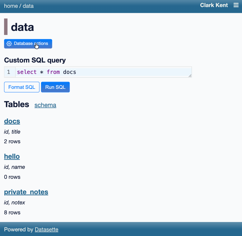 The user starts on the data database page, selects actions and "Execute write SQL", then selects the insert document template on the next page and executes it with a title of "My document!". Also demonstrates that a create table statement cannot be executed because the user does not have create-table permission.