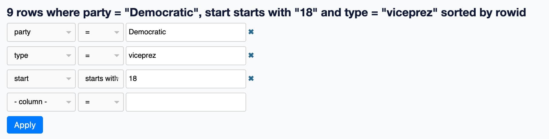 Here an additional row has been added to the filters, specifying that start should start with 18