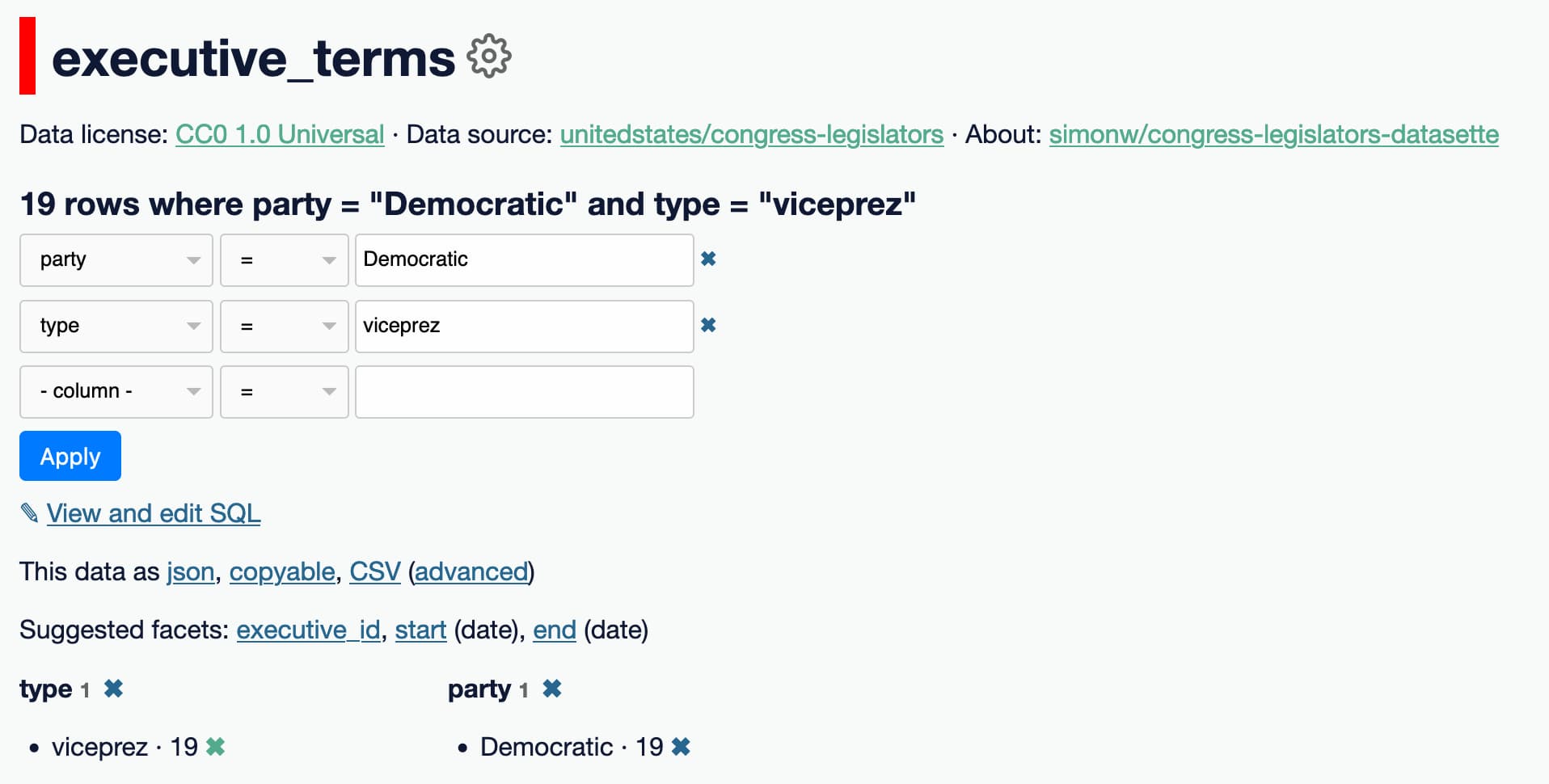 The filters box above the facets shows inputs for party = Democratic and type = viceprez
