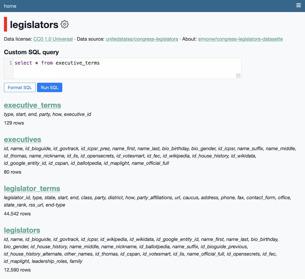 Screenshot of database index page, showing a box to enter SQL queries and a list of their tables