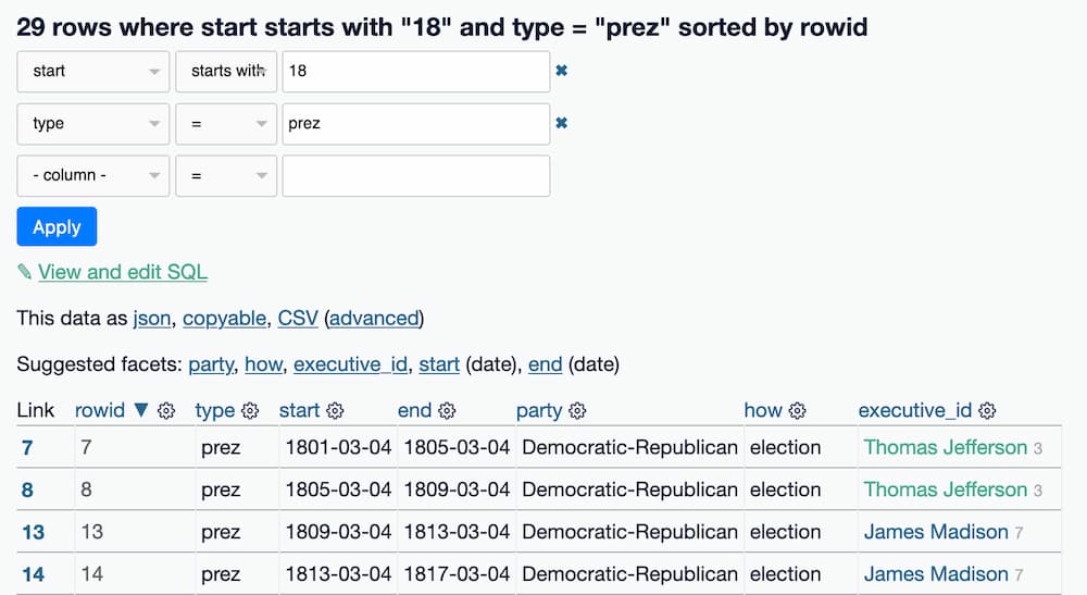 29 rows where start starts with "18" and type = "prez" sorted by rowid